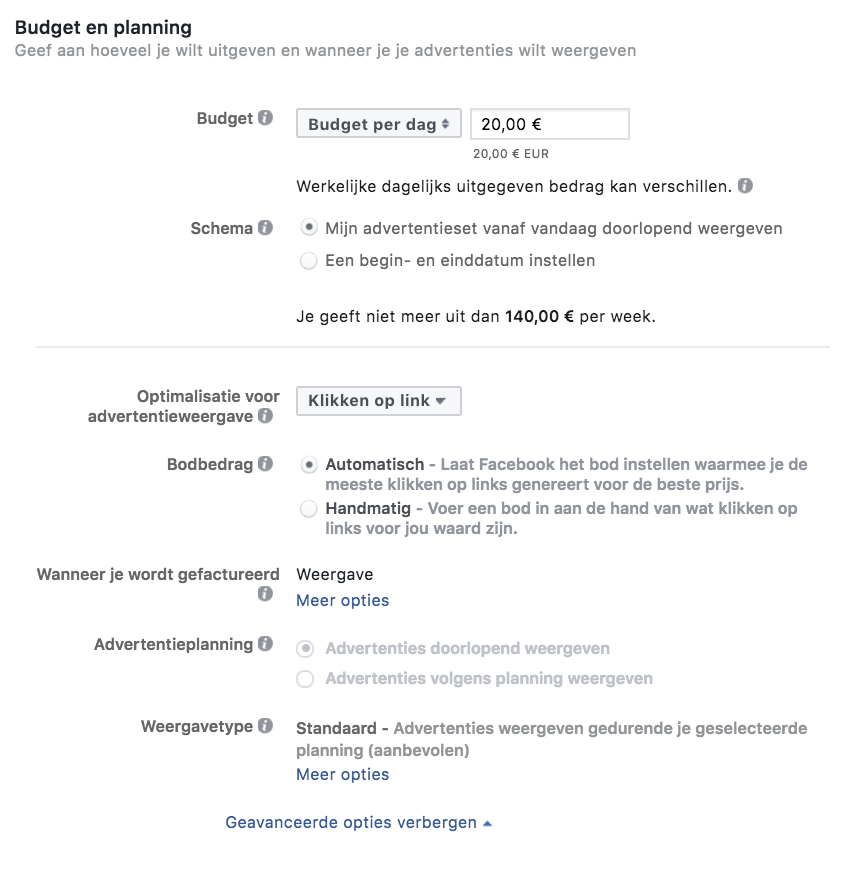 Facebook Adverteren - budget en planning